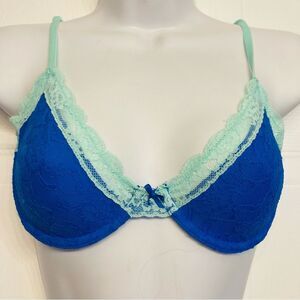 Victoria’s Secret Unlined Demi Bra Blue Lace Mint Green Trim‎ Underwire Size 34B